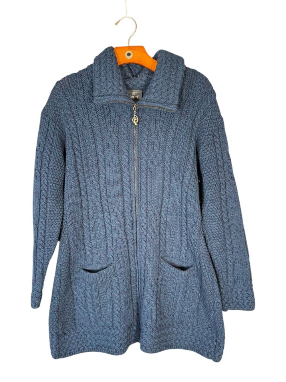 Aran Sweater Market Cable Knit Zip Cardigan Blue Purple Merino Wool  L
